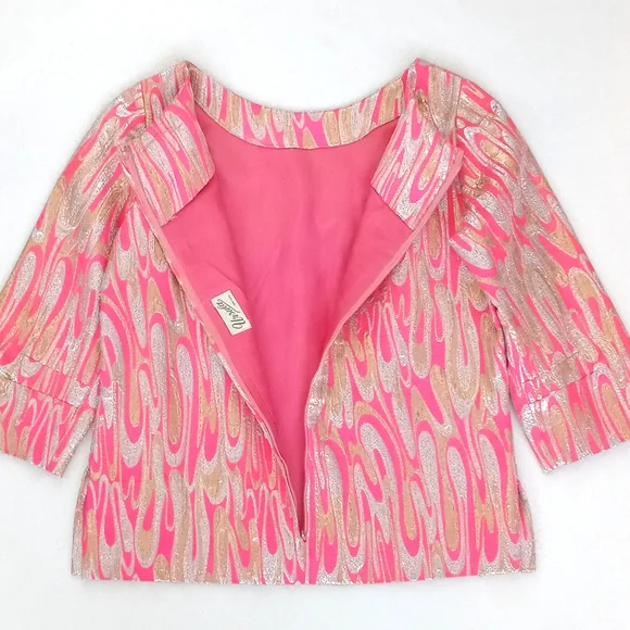 Stunning 1960's Mod Pink Gold Silver Metallic 3/4 Sleeve Blouse S/M - Picture 13 of 17
